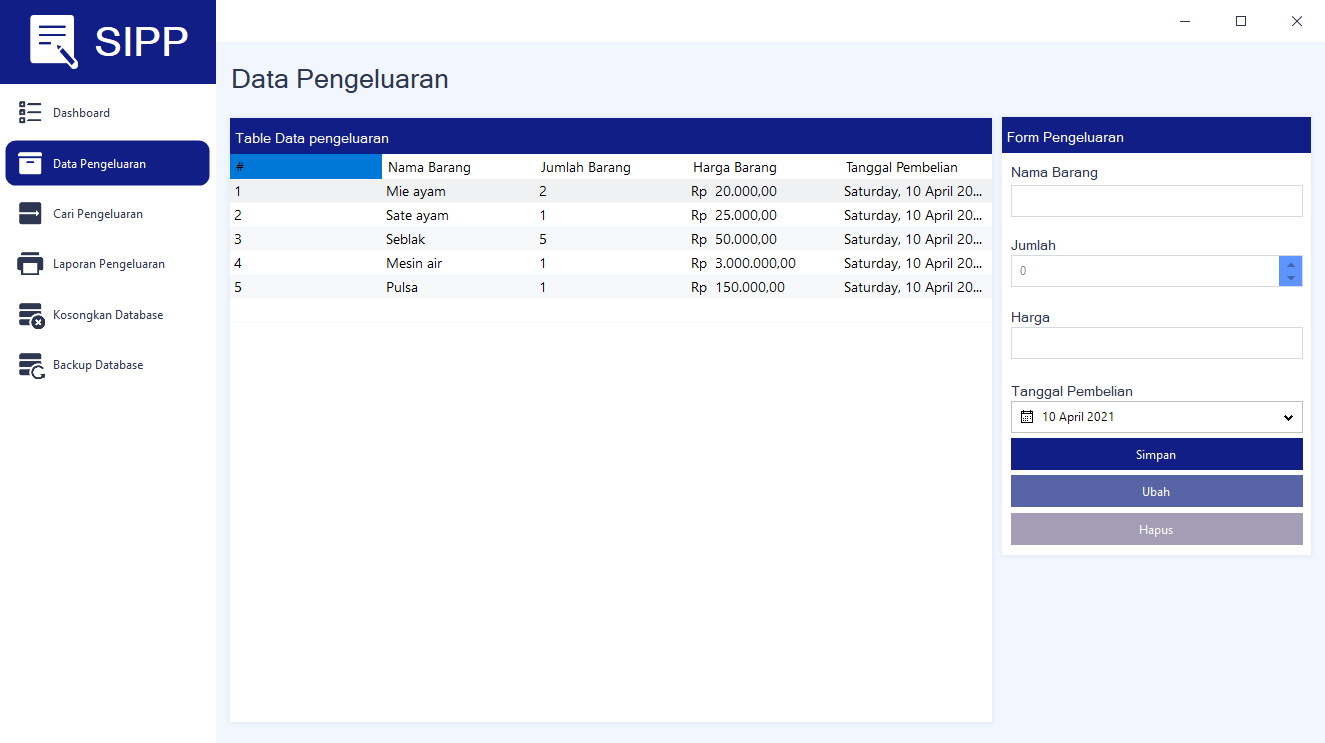 Tampilan Data Pengeluaran